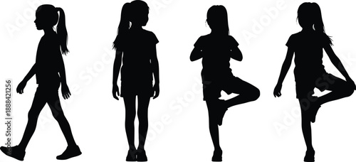 Black silhouette of young girl with ponytail in various active poses including walking standing and practicing yoga on white background,