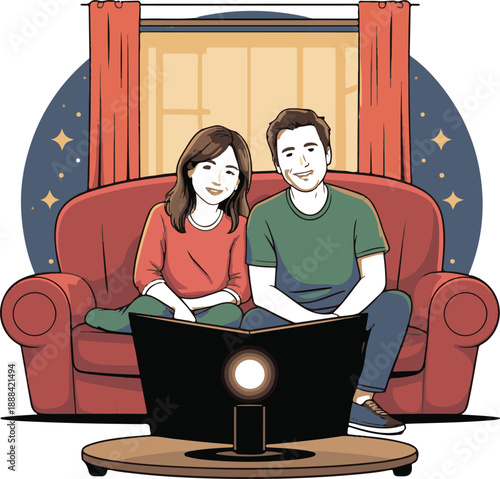 Movie Night Couple Flat Vector