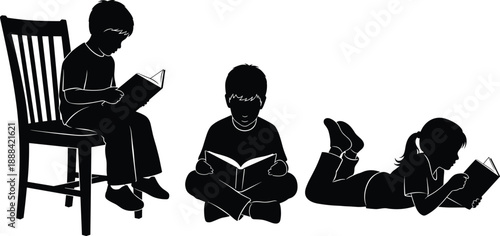 Set of three black silhouettes of children reading books in various poses including sitting on chair, floor, and lying down