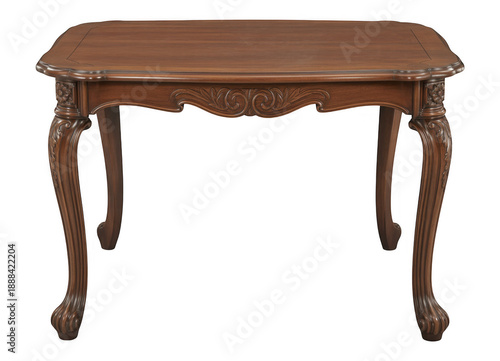 Brown wooden table with ornate legs isolated on a transparent background