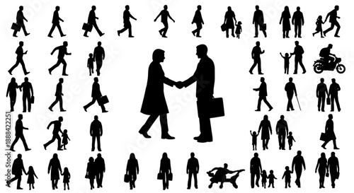 Collection of Diverse People Silhouettes in Various Poses and Activities