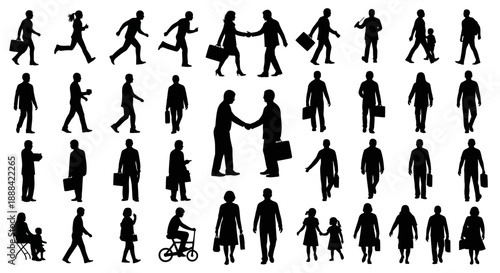 Diverse Collection of Business People Silhouettes in Various Poses and Activities