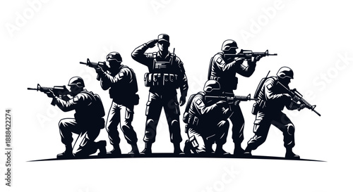 Silhouette Military Squad in Action Posing with Rifles and Saluting