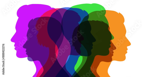 Diverse group of diverse people in silhouette, layered colors representing unity and community