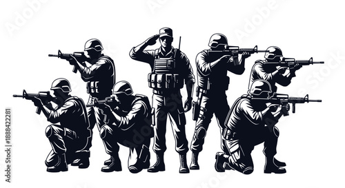 Elite Soldier Squad Illustration with Weapons and Tactical Gear in Action Poses