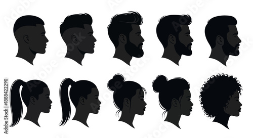 Diverse Human Profile Silhouettes Collection: Men and Women Hairstyles and Features
