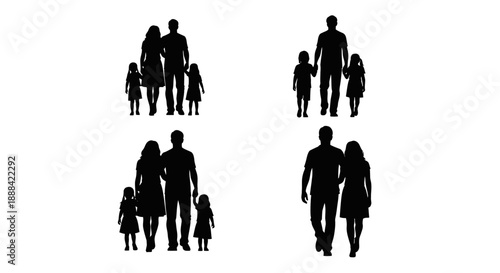 Diverse Family Silhouettes: Parents and Children Walking Together in Four Styles