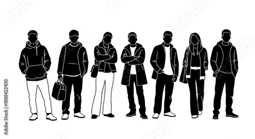 Diverse Group of Silhouetted People Standing Together, Full Body Vector Illustration