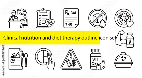 12 Clinical Nutrition, Diet Therapy, and Medical Dieting Outline Icons
