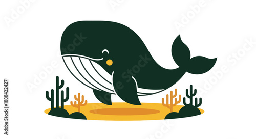 Cartoon whale illustration with smiling face and minimalist style design