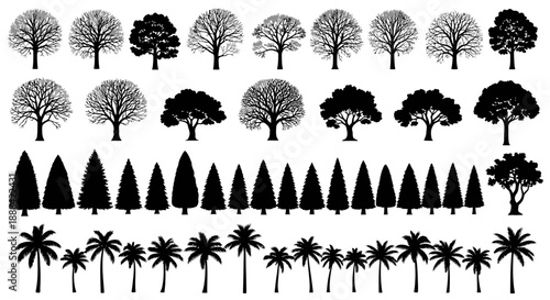 Collection of Diverse Tree Silhouettes Vector Graphics in Black and White