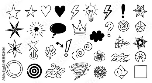 Collection of Doodle Icons: Stars, Hearts, Lightning, Lightbulb, Crown, Cloud, and More
