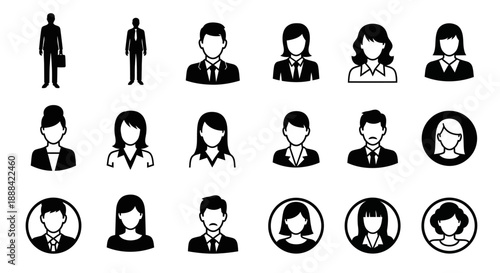 Collection of Diverse Human Silhouette Icons Representing Men and Women in Business and Professional
