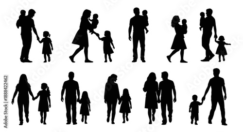 Diverse Family Silhouettes Collection: Parents Holding Children and Walking Together
