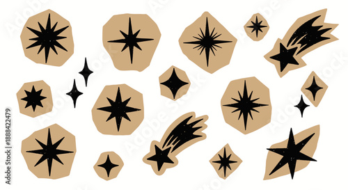 Collection of hand-drawn starbursts, shooting stars, and twinkling lights on a neutral background.