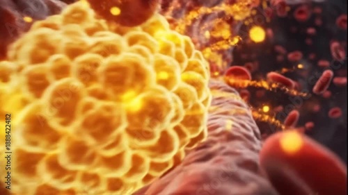 Red blood cells flowing through artery with cholesterol plaque build up.
