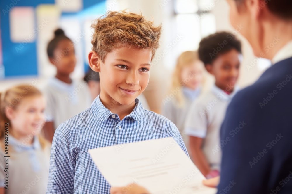Fototapeta premium Young boy in blue checkered shirt receives certificate from teacher in classroom, with classmates in gray uniforms visible in the background