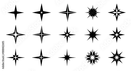Collection of Black Starbursts and Sparkle Icons with Sharp Points on White
