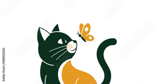 Cat observing a butterfly with a minimalist and charming vector illustration