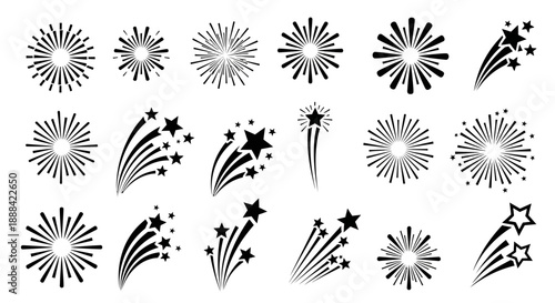 Collection of Black and White Firework Explosions and Shooting Star Graphics