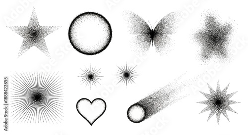 Collection of Stippled Geometric Shapes and Celestial Objects on White Background