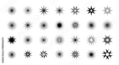 Collection of Black Starbursts and Sparkle Icons on White Background