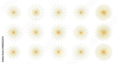 Set of Golden Starburst Rays Emanating from Center, Radial Burst Background Elements