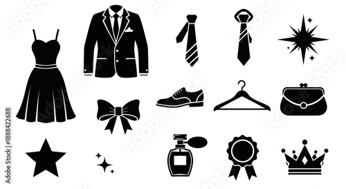Fashion and Luxury Icons: Dress, Suit, Ties, Shoes, Perfume, Crown, Star