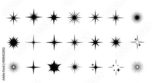 Collection of Diverse Black Starburst Sparkle Icons and Symbols on White Background