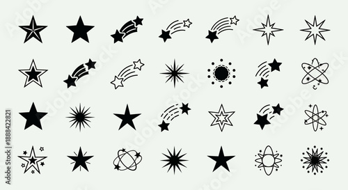 Diverse Collection of Star Icons and Celestial Illustrations for Cosmic and Astronomical Designs