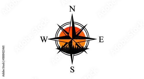 Compass rose emblem with sunset silhouette navigation concept