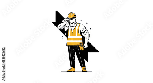 Construction worker wiping sweat illustration on white background