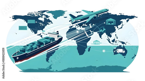 Global logistics network and world map vector art with cargo ship and airplane on transparent background for supply chain business.
