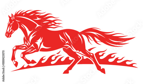 Flat vector illustration of the fire horse zodiac in red, with simple fire burn.