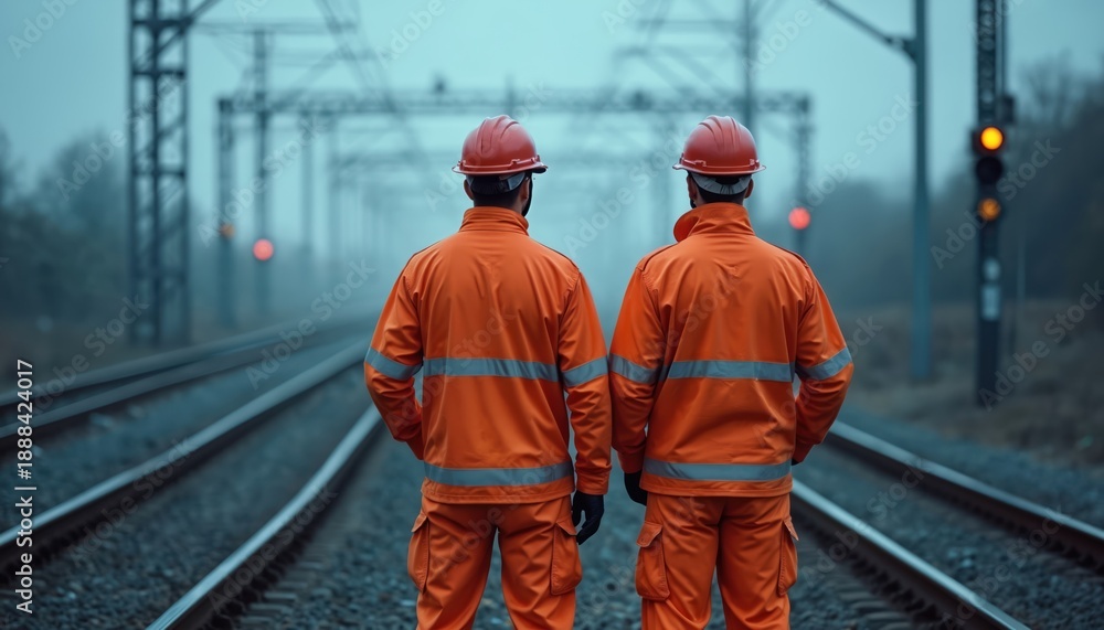Obraz premium Two men in orange work outfits and helmets stand on train tracks. They look away from the camera. Railway signals and overhead wires are visible in the background.