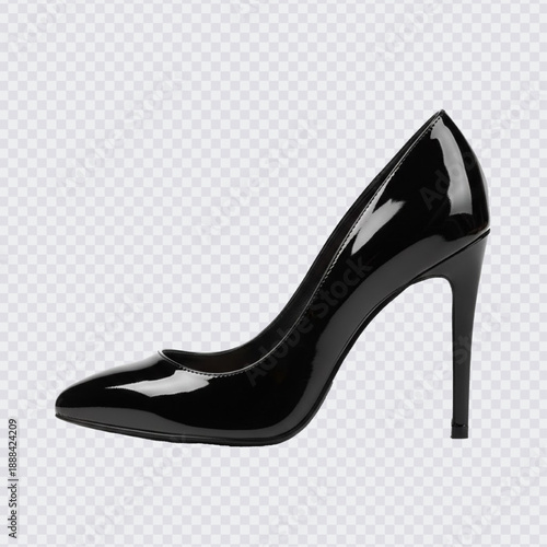 A classic, high-heeled black patent leather pump with a sharp pointed toe and a sleek stiletto heel. This timeless accessory offers a glamorous and versatile look for any occasion.