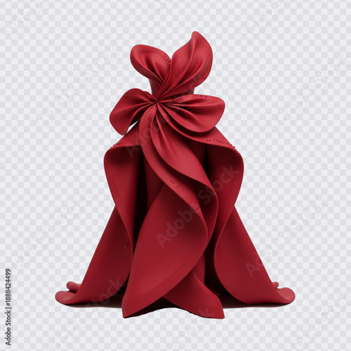 An avant-garde red gown featuring sculptural, petal-like drapes and a dramatic floral silhouette. A bold fusion of high fashion and artistic design.