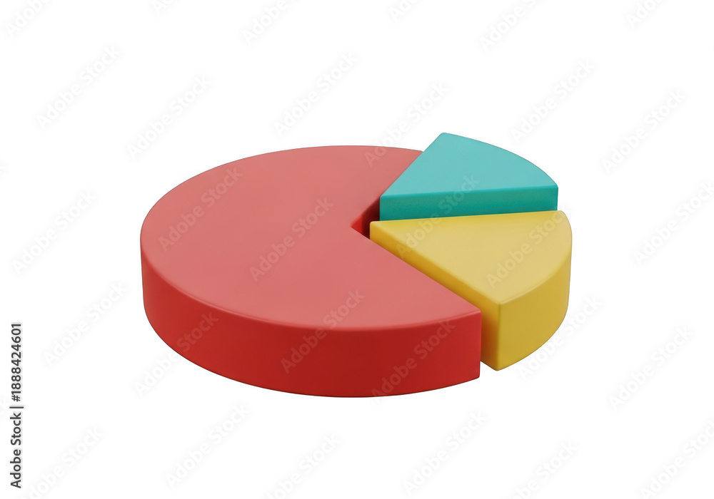Obraz premium 3d pie chart with red, yellow, and teal sections, ideal for data visualization and business presentations isolated on transparent background