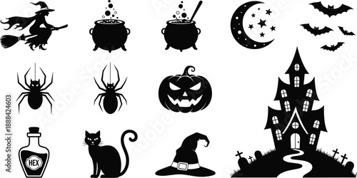 Black vector silhouette set of Halloween elements including a witch on a broomstick haunted house jack o lantern pumpkins black cat and bats for spooky design