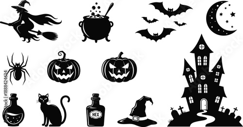 Black vector silhouette set of Halloween elements including a witch on a broomstick haunted house jack o lantern pumpkins black cat and bats for spooky design