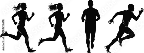 Black vector silhouette set of male and female athletes running and sprinting in various poses for sports fitness marathon training and active lifestyle design
