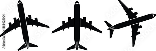 Black vector silhouette set of three commercial passenger jet airliners from a top down view for aviation travel aerospace transportation and flight design