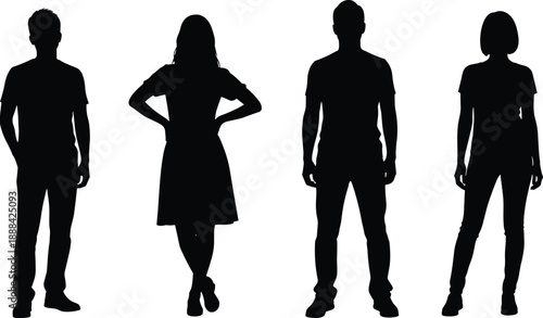 Black vector silhouette set of two men and two women standing in various casual poses for community society and demographic population group design