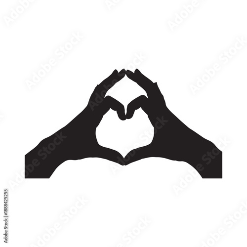 A simple black silhouette of two hands forming the universally recognized shape of a heart