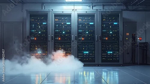 Server room with smoke, indicating a potential system failure or overheating issue.