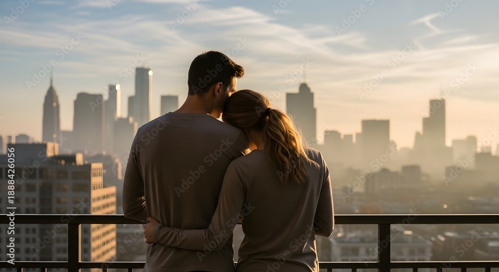 Fototapeta premium Couple embracing on rooftop balcony overlooking misty city skyline at sunrise.