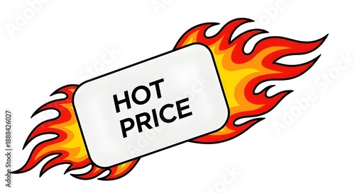 A bold flaming price tag icon, bright orange and red fire wrapping around a smooth rounded label, clean white text reading “HOT PRICE”, flat vector style, sharp edges, high contrast, minimal backgroun