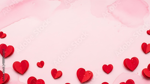 Romantic Red Heart Border with Pink Watercolor Splashes on a Soft Pink Background - A Symbol of Love and Affection