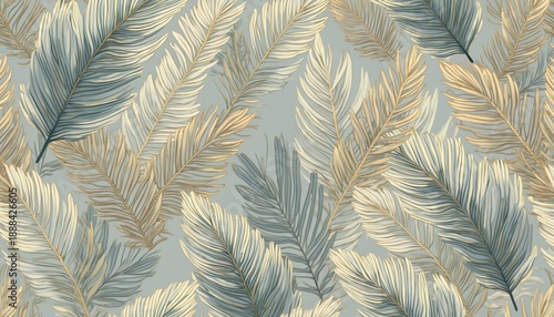 Golden and blue palm leaves create a luxurious seamless pattern. Delicate line art forms a tropical botanical wallpaper design. Elegant organic texture repeats for decor, fabric, and print.