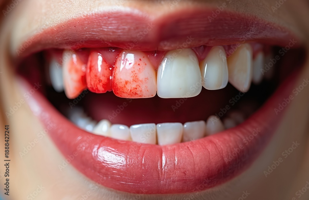 Obraz premium Close up of an open mouth showing teeth with inflamed red gums and visible plaque buildup. Dental hygiene issue requiring professional care. Focus on gum disease and oral health.